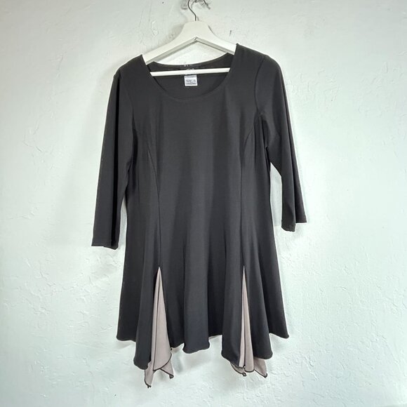 Libra Womens Black Taupe Asymmetric Swing Hem Tunic Top Large 3/4 Sleeve Stretch - Picture 1 of 9